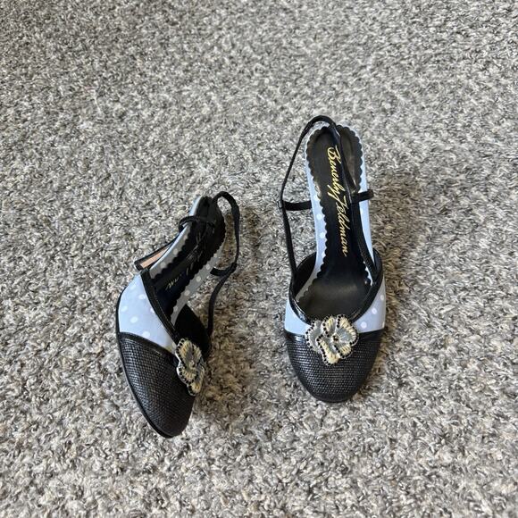 BEVERLY FELDMAN Heels Black Blue Polka Dot Slingback Rose Size 7 M READ - Picture 2 of 10